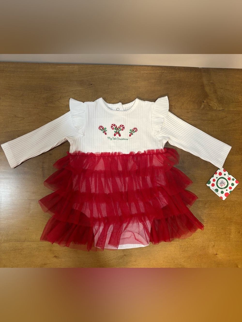 Little Me "My 1st Christmas" White Top with Red Tulle Layered Skirt Bodysuit